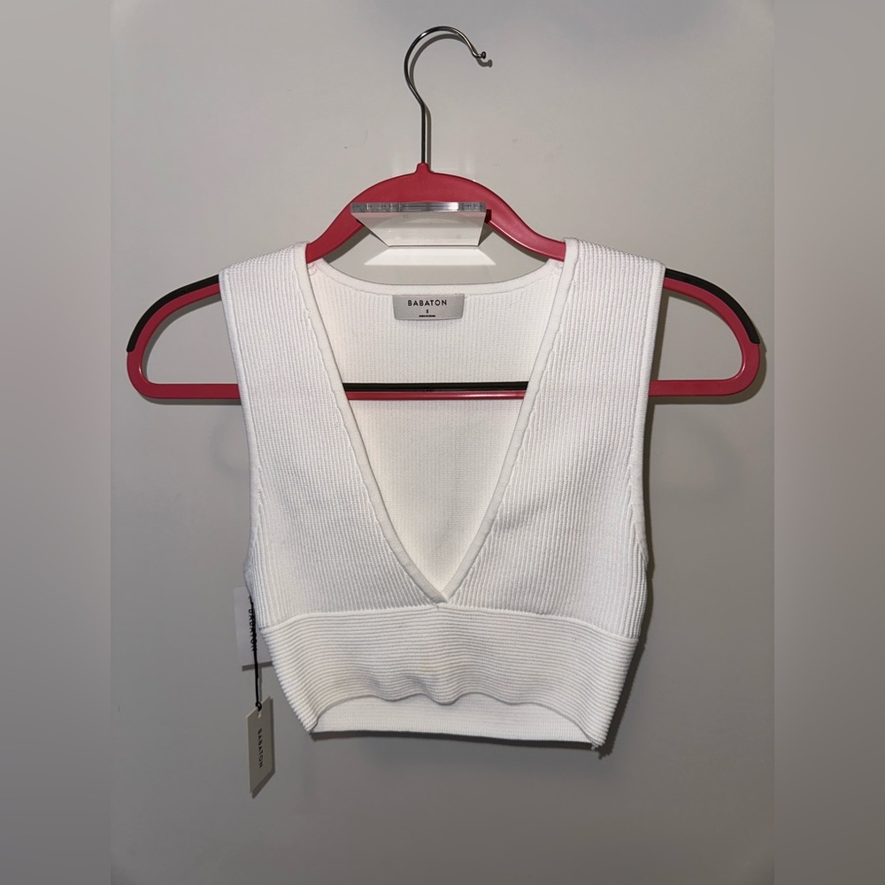 white Babaton sculpt knit v tank